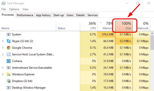 100 disk usage windows 10