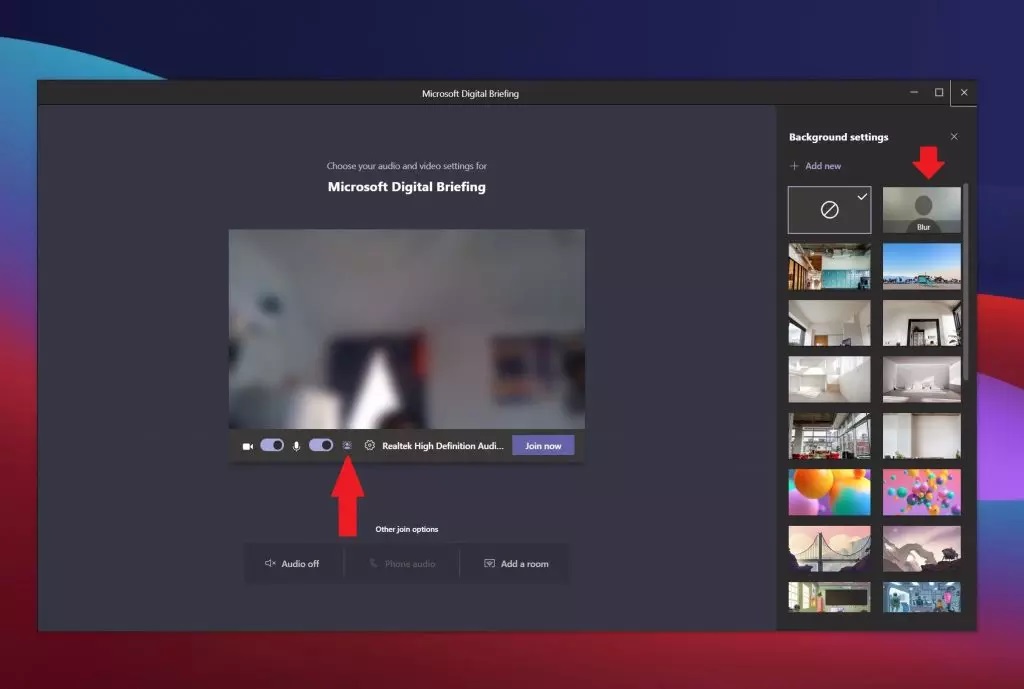 how to blur or add background effects on Microsoft teams