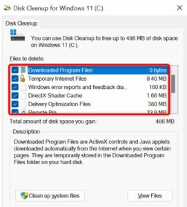 Files to delete section and choose OK
