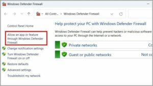 Select Allow an app or feature through Windows Defender Firewall