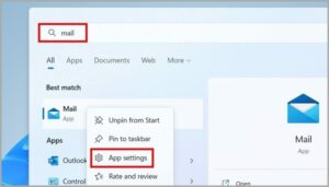 Type Mail in the search box. Right-click on the first result and select App settings