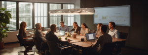 A team sitting at a conference room table discussing how to choose the best proposal software.