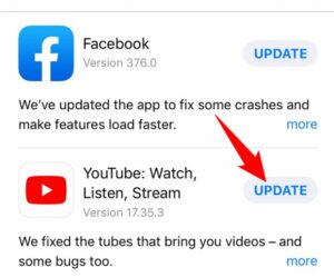 Choose Update next to YouTube on the list