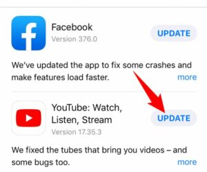 Choose Update next to YouTube on the list
