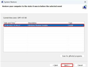 Choose the most recent restore point on the list and select Next