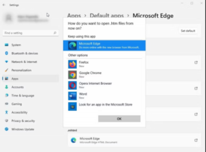 Click each file type one by one and select Microsoft Edge to set it default.