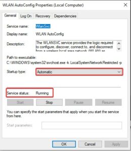 Here, the Startup type should be set to Automatic. And the Service status should be Running