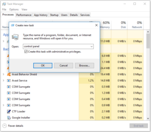 Open Control Panel Windows 10 with Task Manager