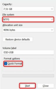 Select NTFS from the File system drop-down menu. 
