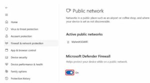 Turn off the Microsoft Defender Firewall toggle