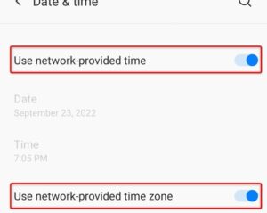 Turn on both Use network-provided time and Use network-provided time zone options