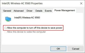 Uncheck “Allow the computer to turn off this device to save power
