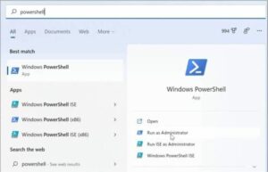 Hover over the top result, then choose Run as Administrator