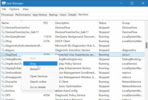 Right-click DiagTrack and select Stop from the menu