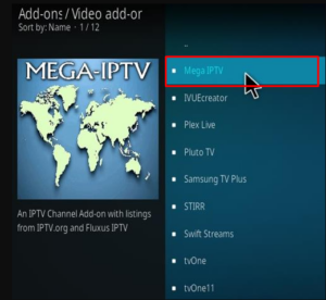 Locate and select Mega IPTV from the list of add-ons