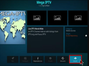 click Install to install the Mega IPTV addon on Kodi